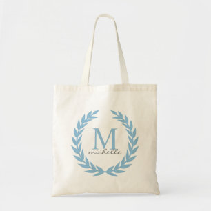 Bolso De Tela Monograma del marco del laurel del azul de cielo
