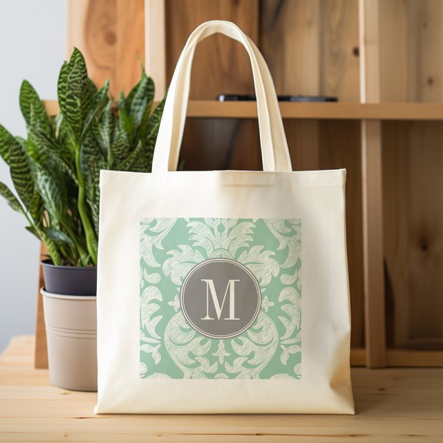 Bolso De Tela Monograma del modelo de Damasco de tinta y gris (Personalized tote bag with chevrons and monogram)