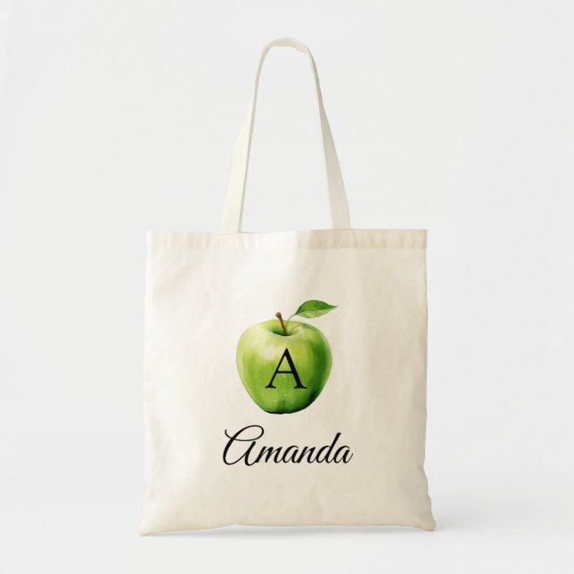 Bolso De Tela Monograma del nombre de manzana verde acuarela (Frente)