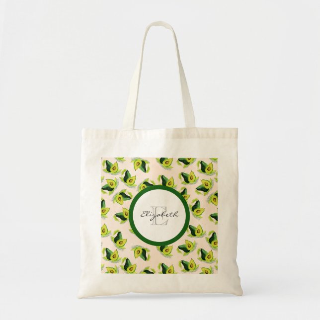 Bolso De Tela Monograma del patrón acuarela de aguacates verdes (Frente)