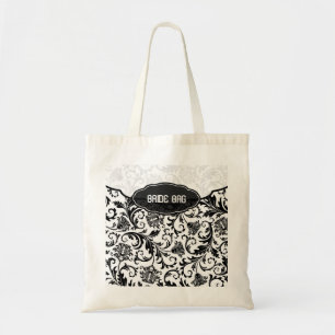 Bolso De Tela Monograma del patrón de Damasco floral blanco y ne