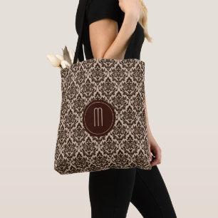 Bolso De Tela Monograma del patrón de damasco marrón