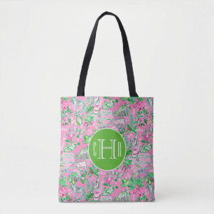 Bolso De Tela Monograma del patrón de pinturas rosadas y verdes