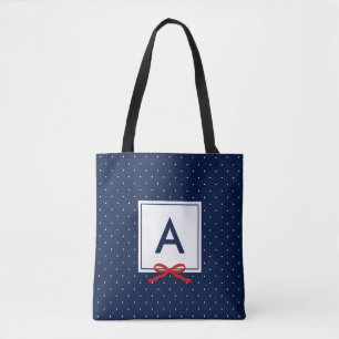 Bolso De Tela Monograma del patrón de punto de polka azul de la