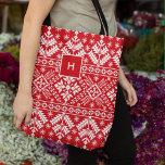 Bolso De Tela Monograma del patrón de suéter nórdico de vacacion<br><div class="desc">El tote estelar de  de impresión alarmante presenta un patrón de suéter de inspiración nórdica en rojo y blanco de vacaciones,  con su monograma inicial simple cerca de la parte superior.</div>
