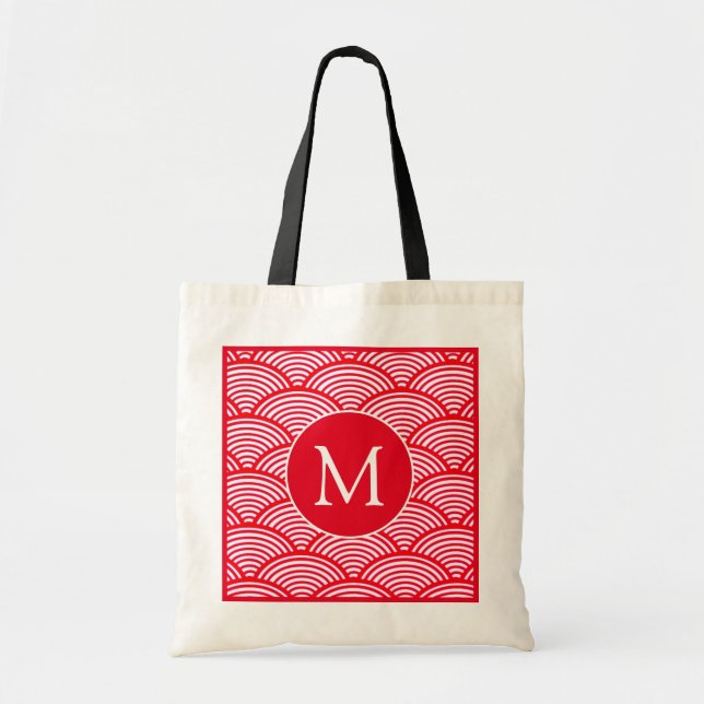 Bolso De Tela Monograma del patrón de vieira rojo y blanco (Frente)