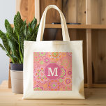 Bolso De Tela Monograma del patrón floral de primavera colorido<br><div class="desc">Rosa caliente,  Coral y verde lima - Un divertido y gráfico diseño de flores en colores frescos y alegres. Si necesita ajustar los monogramas,  haga clic en el botón personalizar y realice cambios.</div>