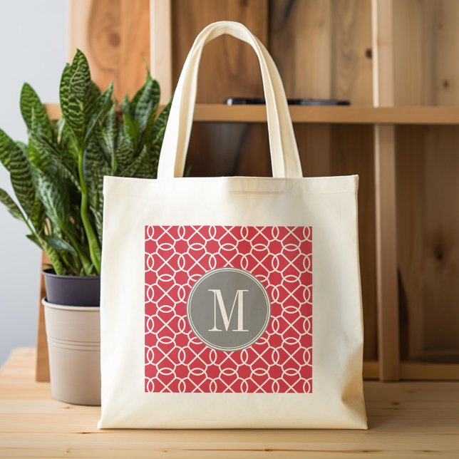 Bolso De Tela Monograma del patrón geométrico rojo y gris (Personalized tote bag with pattern and monogram)