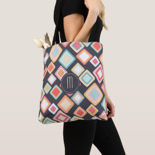 Bolso De Tela Monograma del patrón retro de bloques geométricos