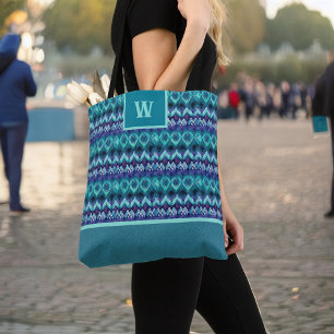 Bolso De Tela Monograma del patrón tribal de color turquesa mora