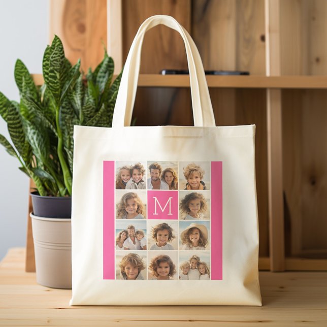Bolso De Tela Monograma del Personalizado de Collage de fotos ro (Personalized tote bag with photos and custom text)