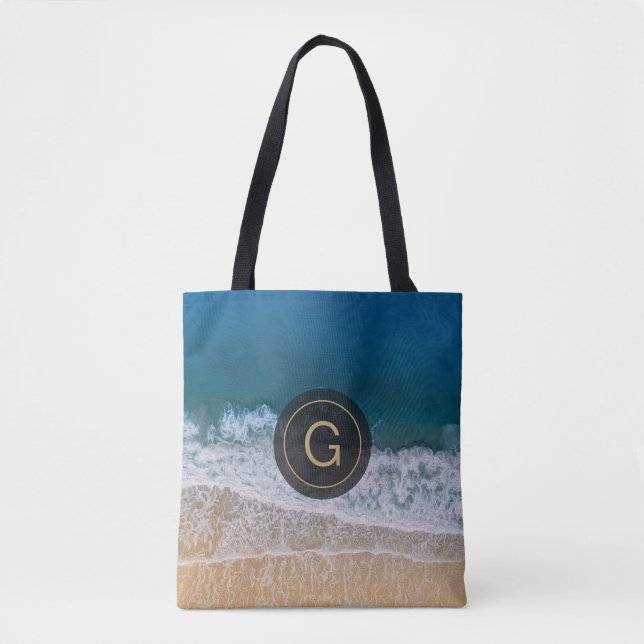 Bolso De Tela Monograma del Personalizado de playa y mar azul tu (Anverso)