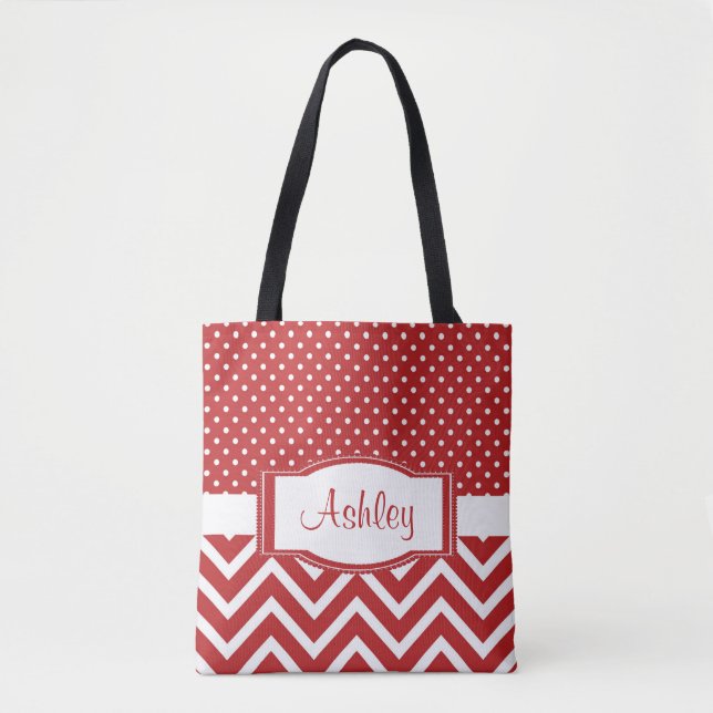 Bolso De Tela Monograma del Punto Chevron de Polka Rojo escarlat (Anverso)