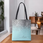 Bolso De Tela Monograma del Purpurina de Girona azul de Silver A<br><div class="desc">Verde azulado Aqua Blue y Silver Faux Sparkle y Purpurina Elegante Bolsa de Libros Monogramas. Esta Bolsa de Libros puede ser personalizada para incluir su nombre inicial y de pila y entregarse como regalo para Navidades,  Dulce 16 Cumpleaños,  Ducha de Novias o un Boda.</div>