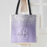 Bolso De Tela Monograma del Purpurina plateado Metalizado cepill<br><div class="desc">Personaliza fácilmente este diseño de moda a la moda con bolsitas de tote con purpurina brillante de plata bonito sobre fondo metálico morado.</div>