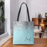 Bolso De Tela Monograma del Purpurina plateado Verde azulado azu<br><div class="desc">Bolsa del libro de monograma del Purpurina azul plateado Verde azulado Aqua Blue. Esta Bolsa de Libros puede ser personalizada para incluir su nombre inicial y de pila y entregarse como regalo para Navidades,  Dulce 16 Cumpleaños,  Ducha de Novias o un Boda.</div>
