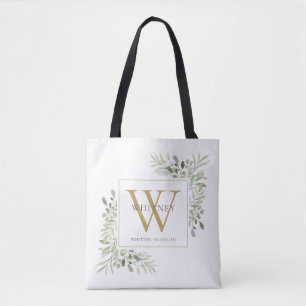 Bolso De Tela Monograma Dorado Aquarela Verde Personalizado