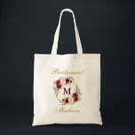 Bolso De Tela Monograma dorado de Borgoña Floral<br><div class="desc">Acuarela Burgundy Floral Gold Monograma Bridesmaid Tote Bag</div>