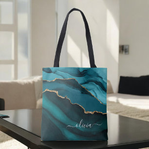 Bolso De Tela Monograma dorado de geoda de ágata verde azul acuá