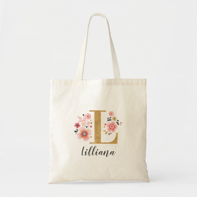 Bolso De Tela Monograma dorado de moda Nombre Floral inicial (Frente)