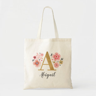 Bolso De Tela Monograma dorado Letra inicial "A" Floral