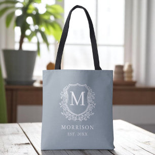 Bolso De Tela Monograma Dusty Blue Escudo Boda botánico