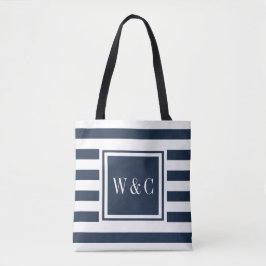 Bolso De Tela Monograma elegante azul marino y raya blanca