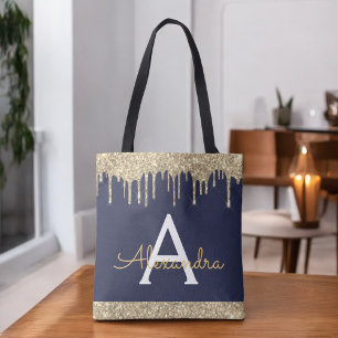 Bolso De Tela Monograma elegante con brillo azul marino dorado