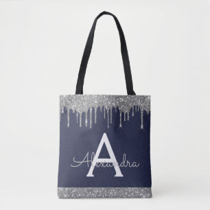 Bolso De Tela Monograma elegante con brillo azul marino plateado