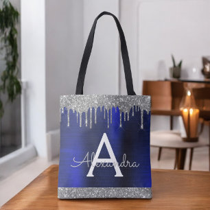 Bolso De Tela Monograma elegante con brillo azul marino plateado