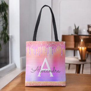 Bolso De Tela Monograma elegante con brillo de purpurina rosa y 
