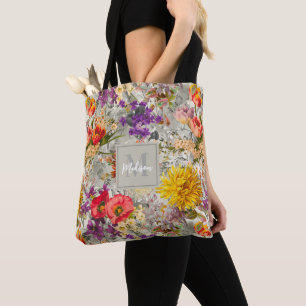 Bolso De Tela Monograma elegante de color gris floral púrpura