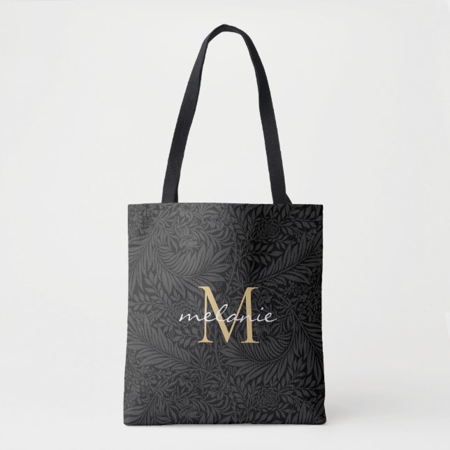 Bolso De Tela Monograma elegante de escritura dorada floral negr (Anverso)