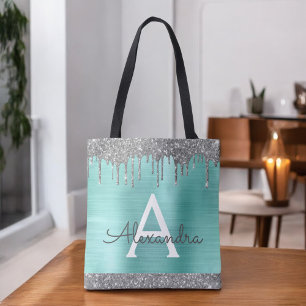 Bolso De Tela Monograma elegante de purpurina plateada y azul tu