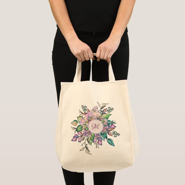 Bolso De Tela Monograma elegante floral pastel de acuarela (Anverso (producto))