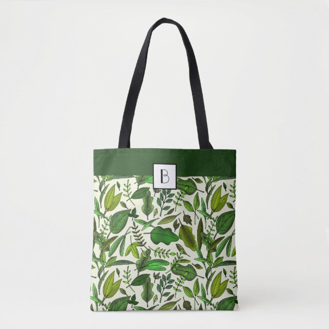 Bolso De Tela Monograma Elegante Patrón de hojas verdes botánica (Anverso)