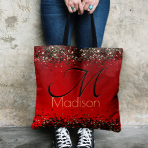 Bolso De Tela Monograma elegante purpurina de oro negro rojo