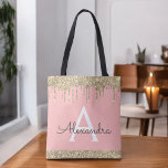 Bolso De Tela Monograma elegante Purpurina de oro rosa de Rubor<br><div class="desc">Rubor Pink and Gold Faux Sparkle y Dripping Purpurina Elegant Monogram Book Bag. Esta Bolsa de Libros puede ser personalizada para incluir su nombre inicial y de pila y entregarse como regalo para Navidades,  Dulce 16 Cumpleaños,  Ducha de Novias o un Boda.</div>