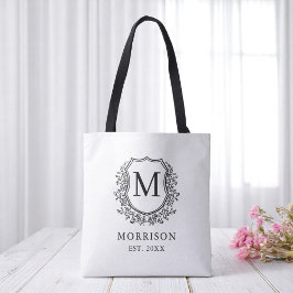 Bolso De Tela Monograma Escudo blanco negro Boda botánico
