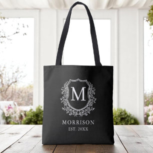 Bolso De Tela Monograma Escudo negro Boda botánico moderno