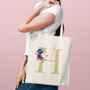 Bolso De Tela Monograma floral acuarela en burgundy y azul marin
