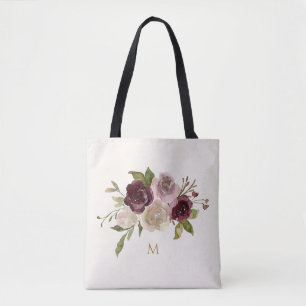 Bolso De Tela Monograma Floral Acuarela Rosa Burdeos Moderno
