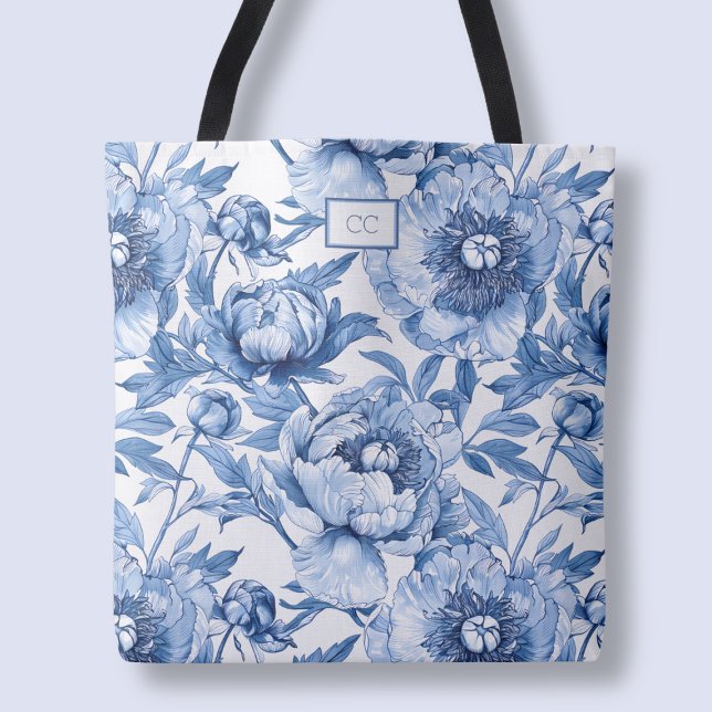 Bolso De Tela Monograma Floral Azul Bridesmaid Flores (Monogram Blue Floral Bridesmaid Flower Shopping Tote Bag)