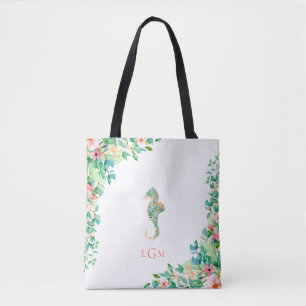 Bolso De Tela Monograma floral botánico del Seahorse