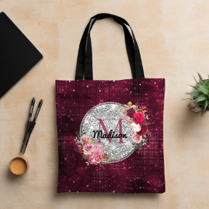 Bolso De Tela Monograma floral de burgundy con brillo plateado c