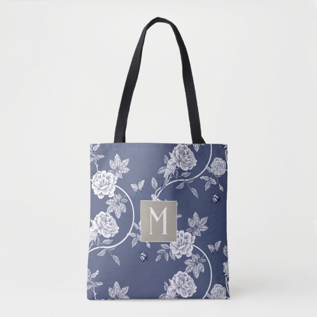 Bolso De Tela Monograma floral de Chinoiserie azul (Anverso)