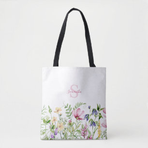 Bolso De Tela Monograma floral de flor silvestre rosa