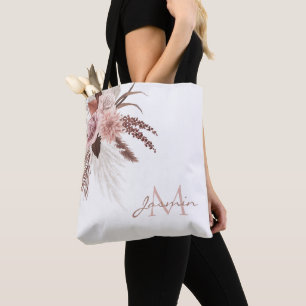 Bolso De Tela Monograma floral de hierba de Pampas Boho Blush