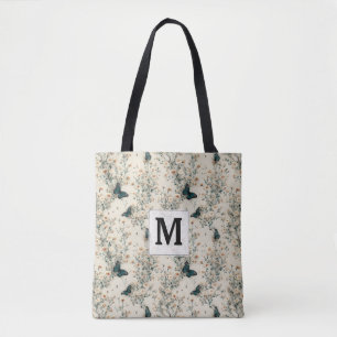 Bolso De Tela Monograma Floral de Mariposa Azul Vintage