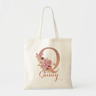 Bolso De Tela Monograma floral de purpurina rosa rubor letra Q